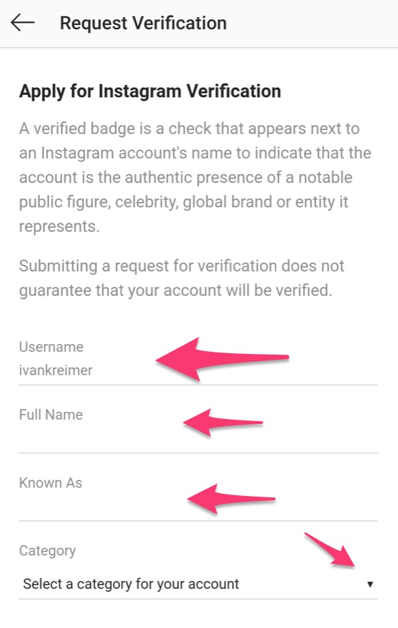 Request for verification on Instagram