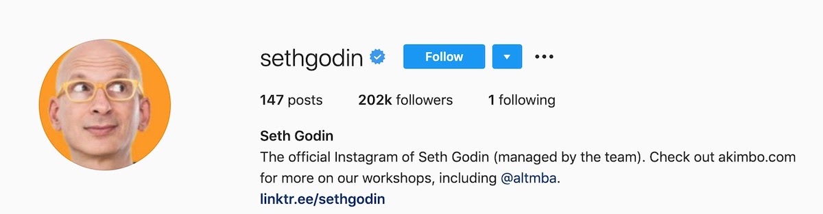 The bio of Seth Godin's Instagram