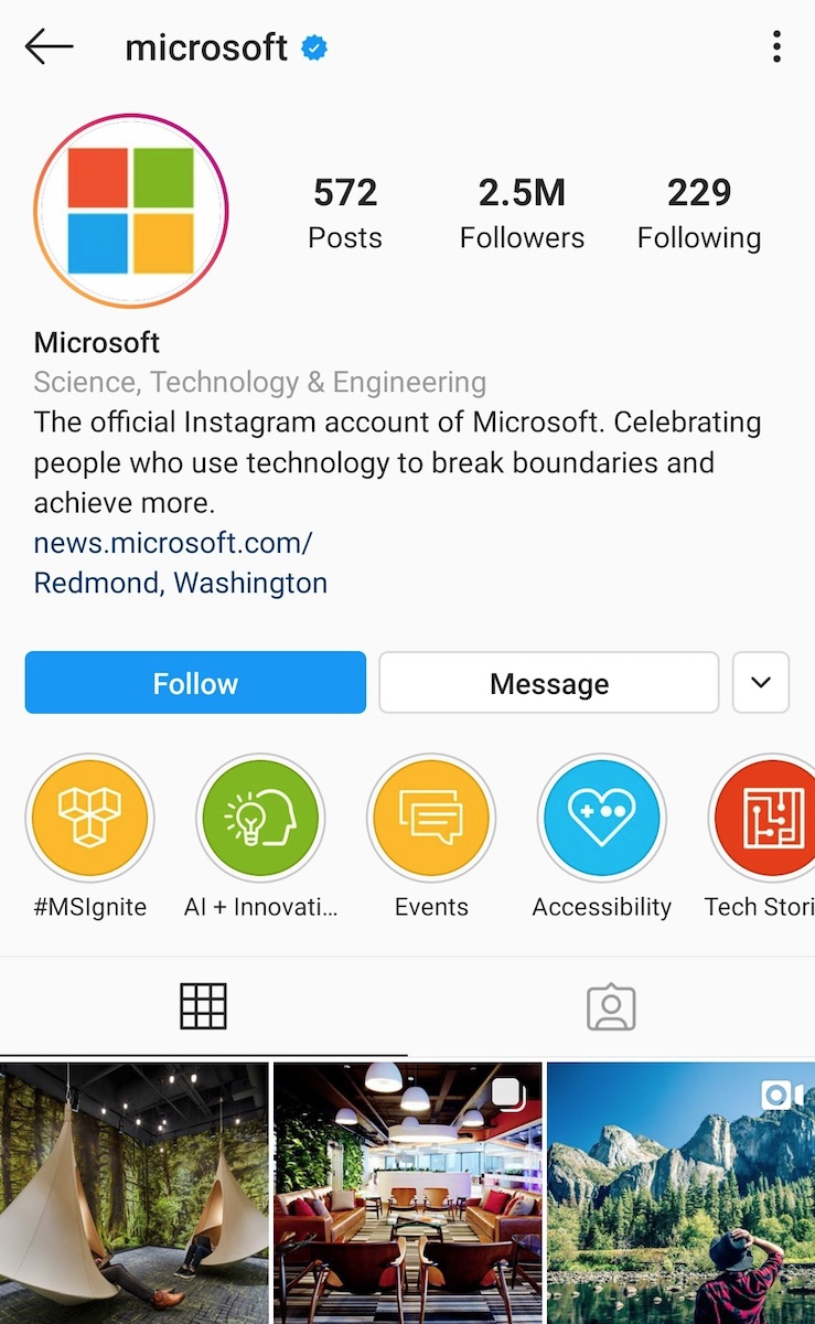 Microsoft's Instagram front page