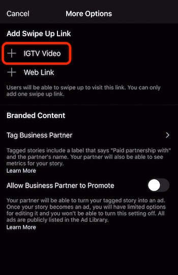 IGTV videosuna hızlıca kaydırma bağlantısı ekleme seçeneği