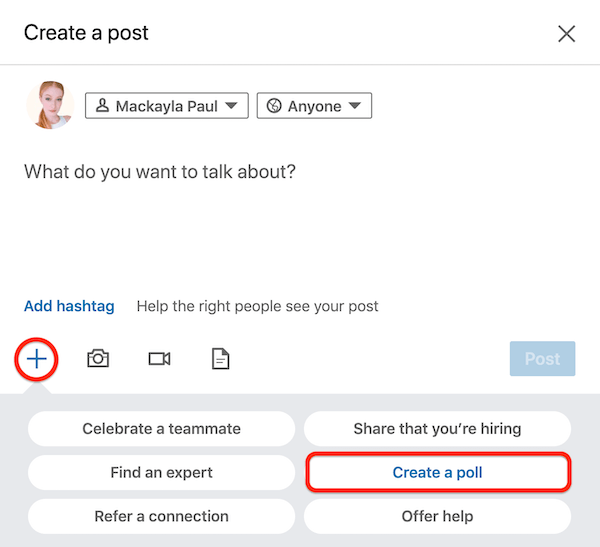 LinkedIn Anket Oluştur seçeneğiyle bir Posta Oluştur iletişim kutusu